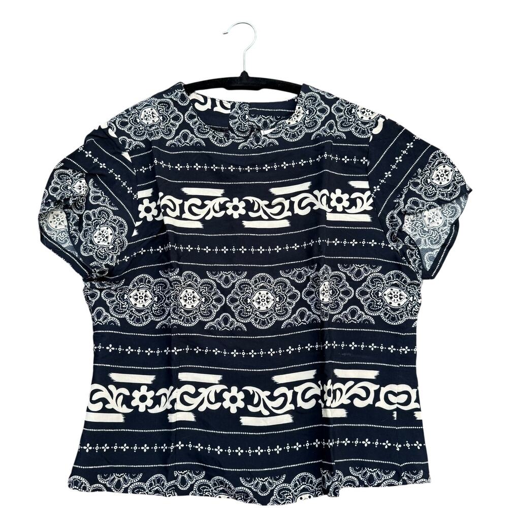 Abria Paisley Border Print Blouse 90s Vintage Womens Medium Black White Rayon